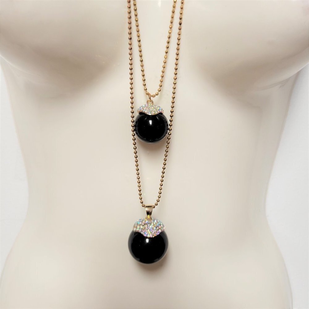 Large Ball Bead Long Necklace, Black Crystal Ball Bead Necklace